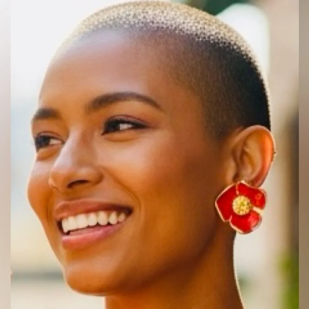 A-1DC-33: TORY BURCH Red Flower w/Gold Trimming Earrings, NWOT